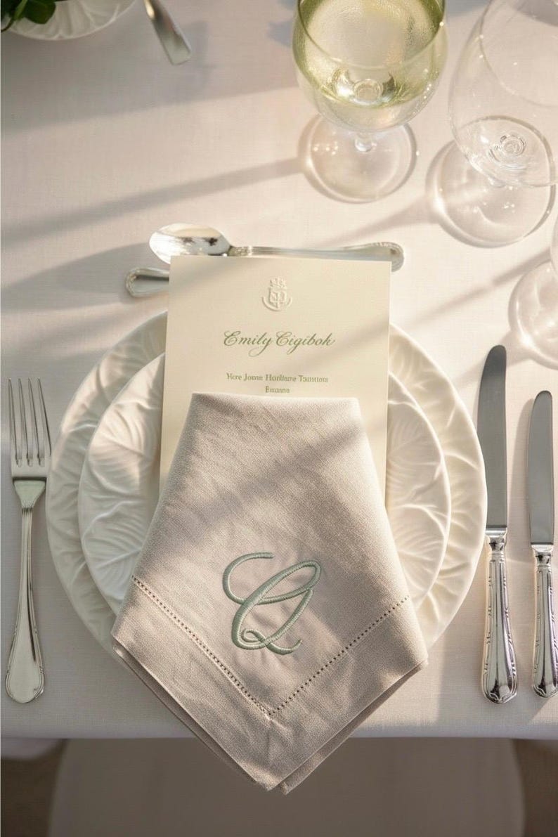 embroidered linen napkin personalized monogram napkin wedding table decor luxury dinner table napkin display custom last name initial napkin embroidered cloth napkin wedding reception tablescape bridal shower table decor baby shower table setting thanksgiving dinner table decor christmas dining table napkins housewarming gift personalized home decor wedding gift newlywed gift rehearsal dinner table display elegant linen napkins hostess gift custom embroidered napkins heirloom table linen luxury