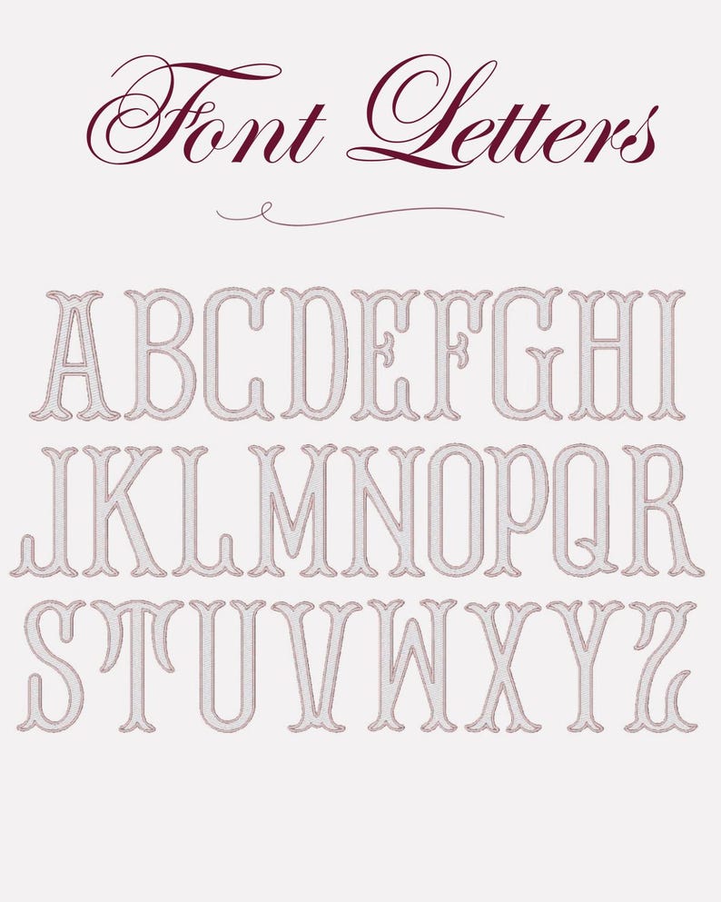 May include: A full alphabet of decorative letters in a serif font, with a light pink outline and a white fill. The words "Font Letters" are written in a cursive font at the top of the image.