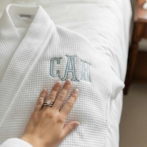 embroidered monogram waffle knit bridal robe personalized bride getting ready outfit custom initial bridesmaid robe wedding morning makeup cover up lightweight spa robe bachelorette party matching robes bridal party gift for her girl weekend spa robe custom wedding day loungewear monogrammed bridesmaid proposal gift white bridal shower gift personalized wedding keepsake robe custom embroidered initial robe custom initial for bride bridesmaid bachelorette party girl weekend matching robes gifts