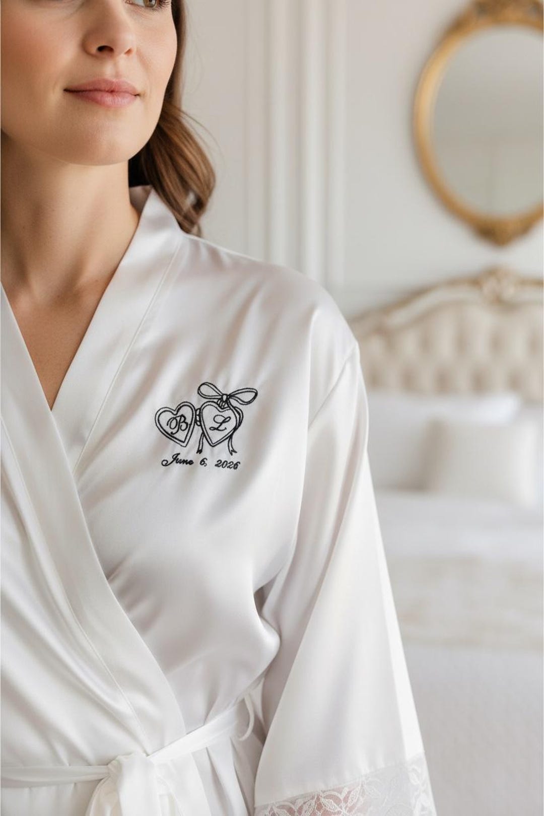 Embroidered White Silk Bride Robe