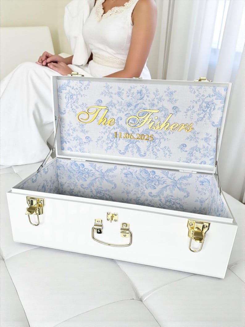 Bride Keepsake Trunk for Bride to Be Wedding Day Something Blue with Last Name Gift for Daughter Heirloom Wedding Memory Box for Anniversary