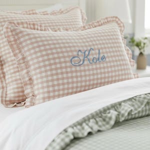 personalized gingham pillow sham custom monogram pillow embroidered initial decor ruffle edge pillow preppy bedroom accessory girls nursery room decor personalized baby girl room tween girl bedroom decor teen room makeover cottagecore home decor Southern style bedroom pillow personalized daughter room gift granddaughter bedroom gift preppy nursery bedding custom name pillow embroidered name sham gingham accent pillow feminine bedroom decor classic nursery accessory birthday gift vintage nursery