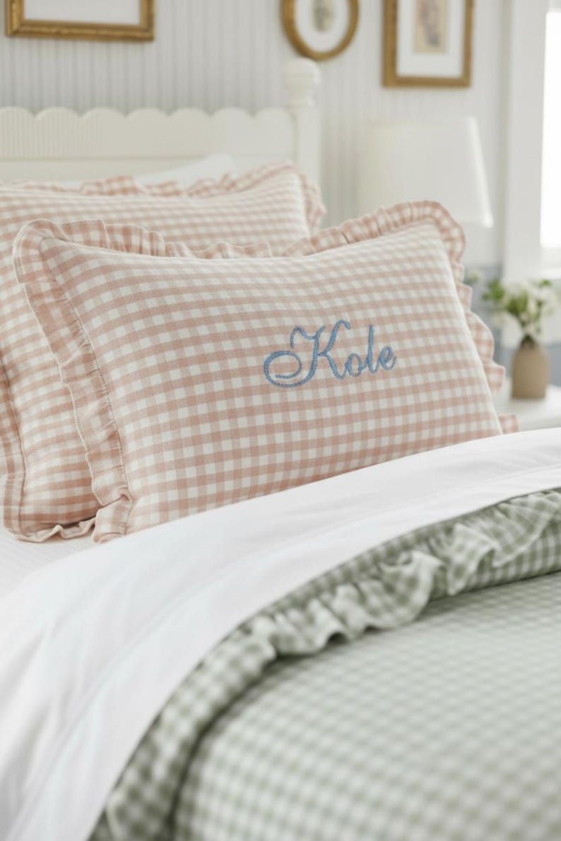 personalized gingham pillow sham custom monogram pillow embroidered initial decor ruffle edge pillow preppy bedroom accessory girls nursery room decor personalized baby girl room tween girl bedroom decor teen room makeover cottagecore home decor Southern style bedroom pillow personalized daughter room gift granddaughter bedroom gift preppy nursery bedding custom name pillow embroidered name sham gingham accent pillow feminine bedroom decor classic nursery accessory birthday gift vintage nursery