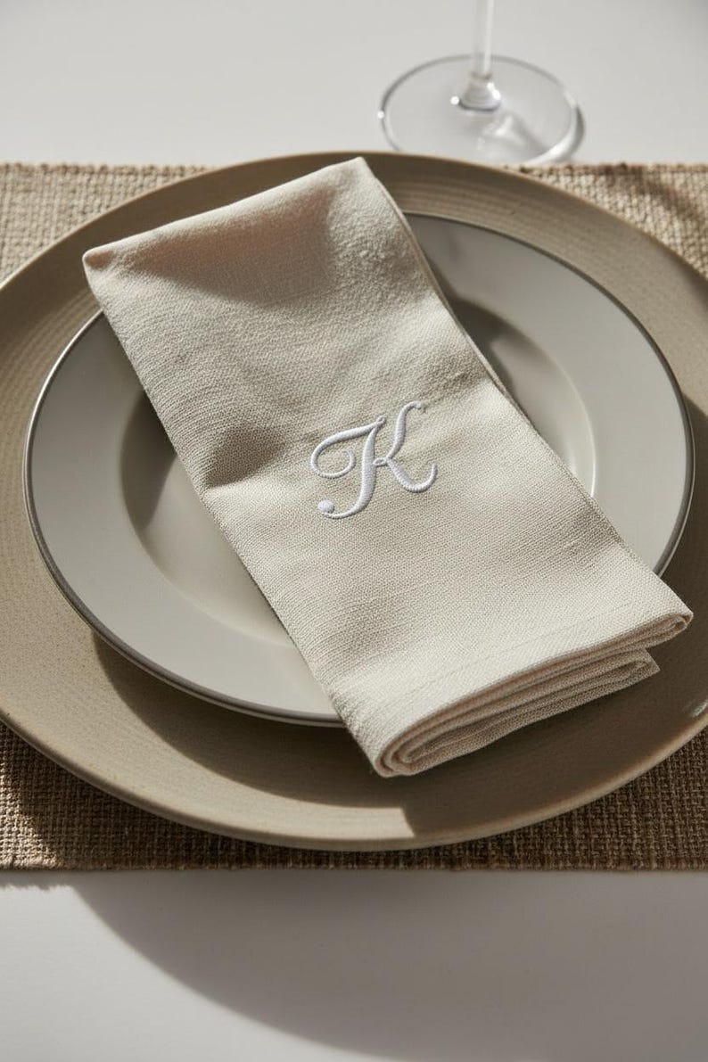 embroidered linen napkin personalized monogram napkin wedding table decor luxury dinner table napkin display custom last name initial napkin embroidered cloth napkin wedding reception tablescape bridal shower table decor baby shower table setting thanksgiving dinner table decor christmas dining table napkins housewarming gift personalized home decor wedding gift newlywed gift rehearsal dinner table display elegant linen napkins hostess gift custom embroidered napkins heirloom table linen luxury
