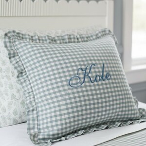 personalized gingham pillow sham custom monogram pillow embroidered initial decor ruffle edge pillow preppy bedroom accessory girls nursery room decor personalized baby girl room tween girl bedroom decor teen room makeover cottagecore home decor Southern style bedroom pillow personalized daughter room gift granddaughter bedroom gift preppy nursery bedding custom name pillow embroidered name sham gingham accent pillow feminine bedroom decor classic nursery accessory birthday gift vintage nursery