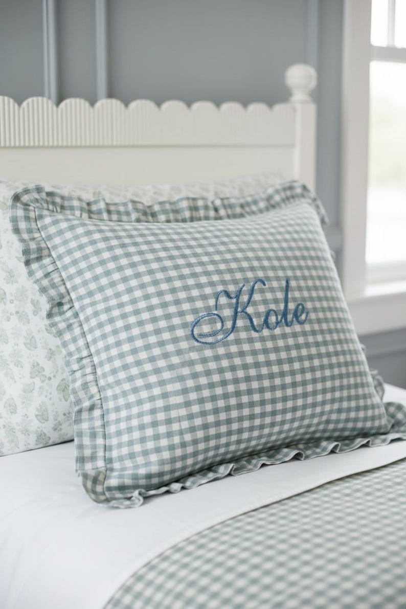 personalized gingham pillow sham custom monogram pillow embroidered initial decor ruffle edge pillow preppy bedroom accessory girls nursery room decor personalized baby girl room tween girl bedroom decor teen room makeover cottagecore home decor Southern style bedroom pillow personalized daughter room gift granddaughter bedroom gift preppy nursery bedding custom name pillow embroidered name sham gingham accent pillow feminine bedroom decor classic nursery accessory birthday gift vintage nursery