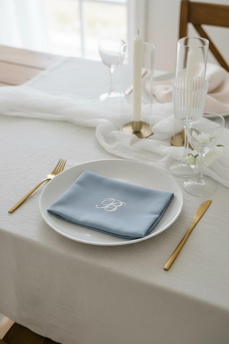 embroidered linen napkin personalized monogram napkin wedding table decor luxury dinner table napkin display custom last name initial napkin embroidered cloth napkin wedding reception tablescape bridal shower table decor baby shower table setting thanksgiving dinner table decor christmas dining table napkins housewarming gift personalized home decor wedding gift newlywed gift rehearsal dinner table display elegant linen napkins hostess gift custom embroidered napkins heirloom table linen luxury