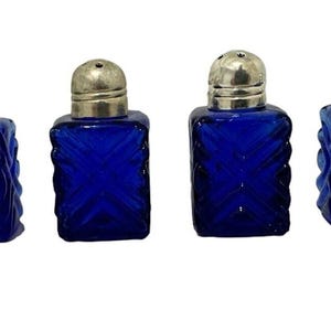 Set Of 4 Small Antique Art Deco X Cobalt Blue Glass Salt Pepper Shakers Decor