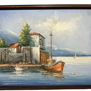 Original Oil On Canvas Impressionist Painting Boats Moored Signed Frame