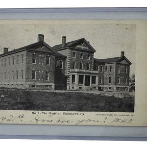 Stara pocztówka z 1908 r., nr 2 Szpital Unionville, Pensylwania, rzadki znaczek