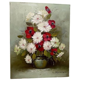 Stillleben Ölgemälde Kunst Blumen in Vase Blumenstrauß signiert C. Johnson