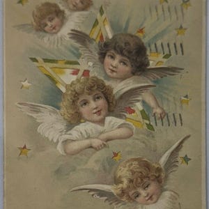 Antica cartolina del 1905, cherubino pasquale, volti di angeli, stelle, fustellata HTL, tenere alla luce