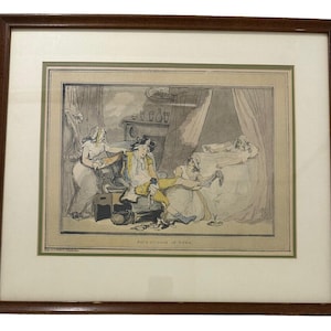 May include: A vintage hand-colored print depicting a scene of a couple in a bedroom. The man is dressed in a yellow waistcoat and the woman is in a white dress. The text "Four o'Clock in Town" is printed below the image.