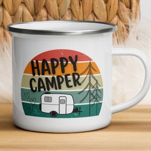 Happy Camper Fiberglass egg camper Enamel Mug - Scamp camper, burro, casita, uhaul, trillium, boler