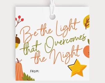 Christelijke Halloween-cadeaulabel, Trunk or Treat, Be The Light, Halloween-tekst, christelijke pompoen, christelijke Halloween-tags voor kinderen