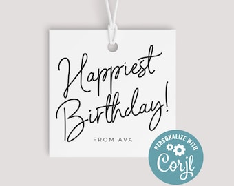 Minimalist Happy Birthday Gift Tag Happiest Birthday Favor Tag Birthday Cookie Tag Goodie Tag Square Tag  Present Tag Printable
