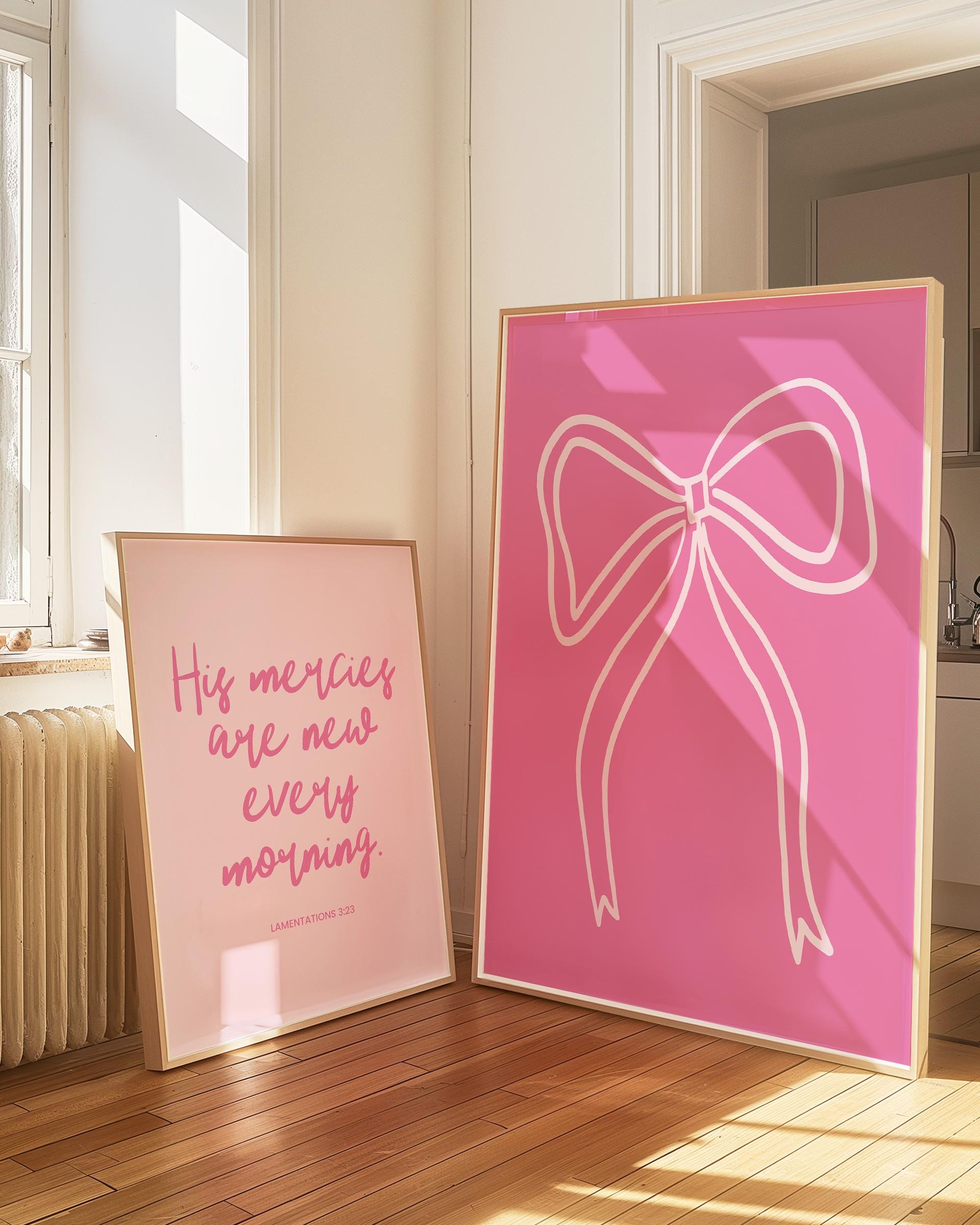 Pink Christian Wall Art Set of 2, Pink Bible Verse Decor, Lamentations 3 23, Christian Dorm Room Wall Art, Pink Nursery Wall Art, Printable