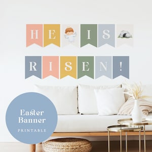 He Is Risen Easter Decor, Easter Banner Printable, Sunday School Church Homeschool, Christian Easter, Jesus, Pastel Instant Download