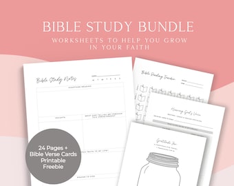 May include: A printable Bible study bundle with worksheets to help you grow in your faith. The bundle includes a Bible study notes page, a Bible reading tracker, a hearing God's voice worksheet, and a gratitude jar worksheet. The bundle is 24 pages and includes free printable Bible verse cards.