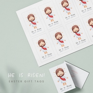 Etiquetas de regalo cristianas de Pascua para niños, etiqueta de regalo &quot;Él ha resucitado&quot;, etiquetas de recuerdo de Pascua con versículos bíblicos, Jesús imprimible