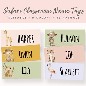 Puede incluir: Cinco etiquetas de nombre coloridas con ilustraciones de animales y nombres: Harper, Hudson, Owen, Zoe y Scarlett. Etiquetas de nombre de aula editables con 5 colores y 15 animales.