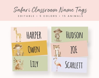 May include: Five colorful name tags with animal illustrations and names: Harper, Hudson, Owen, Zoe, and Scarlett.  Editable classroom name tags with 5 colors and 15 animals.