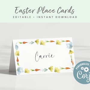Könnte beinhalten: Editierbare Oster-Platzkarte mit einem floralen Rand mit gelben Blumen, grünen Blättern und orangefarbenen Karotten. Der Text "Carrie" ist in schwarzer Kursivschrift geschrieben.
