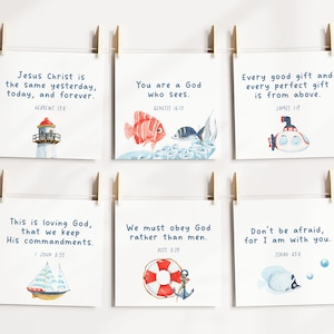 Cartoline con versetti della Bibbia per bambini, Versetti in memoria per bambini Cartoline con scritture Oceano Estate Baby Shower Spiaggia Festa per bambini Marina stampabile