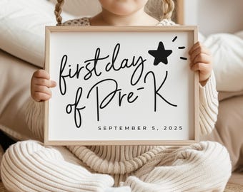 First Day of School-bord, First Day of Pre-K Sign Minimalistisch First Day of Preschool afdrukbaar bord Back To School-poster digitale download