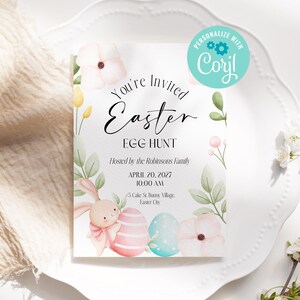 Editable Easter Egg Hunt Invitation Card Cute Easter Party Invite Easter Egg Hunt Flyer with Watercolor Easter Eggs and Flowers Printable