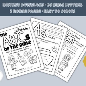Páginas para colorear del alfabeto bíblico para niños / Libro de actividades del alfabeto cristiano para preescolar / Trazado de letras basado en la fe y Escrituras A-Z / PDF