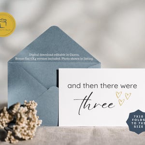 Editable Pregnancy Announcement Card Template | “And Then There Were Three” | Folded & Flat Digital Baby Reveal Canva Card