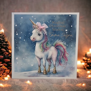 Personalisierte Einhorn-Weihnachtskarte, magische Einhorn-Weihnachtskarte, Tochter, Enkelin, Nichte, kleines Mädchen, Einhorn-Weihnachtskarte