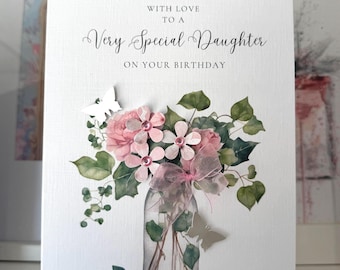 30th Birthday Daughter Card, Personalised 30th Daughter Card,  30th, 40th, 50th ANY AGE, Daughter Card, 3D Pink Paper Flowers, Luxury Card