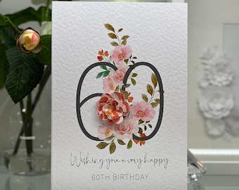 60e verjaardagskaart, zestigste verjaardagskaart, 60e kaart, gelukkige 60e kaart, luxe 60e kaart, aandenken 60e, 3D-bloemen, herfstverjaardagskaart