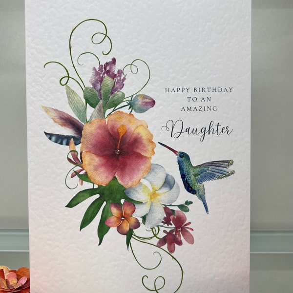 Tarjeta de hija de feliz cumpleaños, tarjeta de cumpleaños de lujo 3D, hija increíble, tarjeta de colibrí, flores tropicales, tarjeta de cumpleaños de lujo de hija