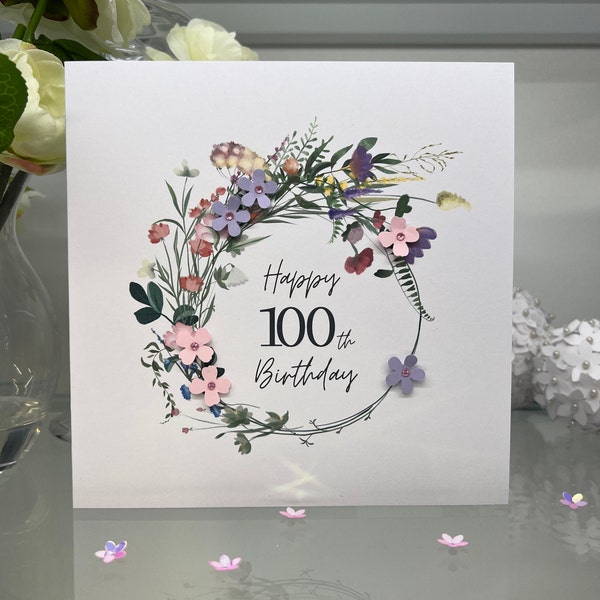 100th Birthday Card, 100th Card, Happy 100th Birthday Card, Luxury 100th Card, Special Keepsake 100th, 3D Flowers, Milestone Birthday Card