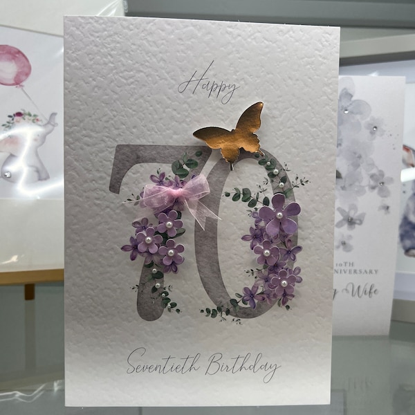70th Birthday Card, Seventieth  Birthday Card, 70th Card, Happy 70th Card, Luxury 70th Card, Keepsake 70th, 3D Flowers, Flowers & butterfly