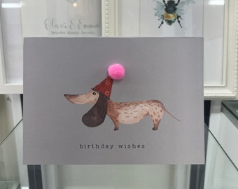 ダックスフントの誕生日カード、手作りソーセージ犬の誕生日カード、ソーセージ犬のカード、ダックスフントのカード、誕生日の願い、犬のカード、ポンポンカード