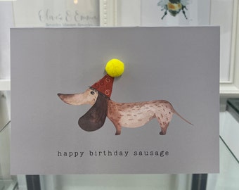 ダックスフントの誕生日カード、手作りソーセージ犬の誕生日カード、ハッピーバースデーソーセージカード、ダックスフントカード、バースデーソーセージ犬、ポンポンカード