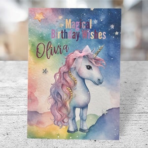 Personalisierte Einhorn-Karte, magische Einhorn-Geburtstagskarte, Tochter, Enkelin, Nichte, kleines Mädchen, Einhorn-Karte, Regenbogen-Einhorn-Karte