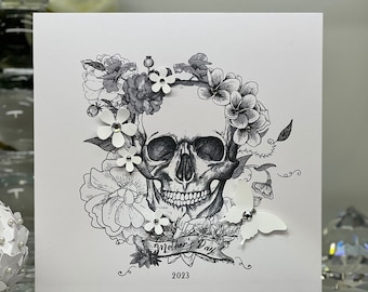 Skull Mother's Day Card, Handmade Mother's Day Card, Skull With Gems & 3D Butterflies, Luxury Mother's Day, Special Mum, Black And White