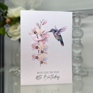 Cartão de aniversário de 40 anos, quadragésimo cartão personalizado, cartão de 40 anos, cartão de feliz 40 anos, cartão de luxo de 40 anos, lembrança de 40 anos, flores de pedras preciosas, cartão de beija-flor