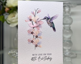 Tarjeta de cumpleaños número 40, tarjeta personalizada para el cuadragésimo cumpleaños, tarjeta de 40 cumpleaños, tarjeta de feliz 40 cumpleaños, tarjeta de lujo para el 40 cumpleaños, recuerdo del 40 cumpleaños, flores de gemas, tarjeta de colibrí