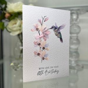 60er Geburtstagskarte, personalisierte 60er Karte, 60er Karte, glückliche 60er Karte, Luxus 60er Karte, Andenken 30er, Edelsteinblumen, Kolibri Karte