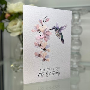 60th Birthday Card, personalised 60th Card, 60th Card, Happy 60th Card, Luxury 60th Card, Keepsake 30th, Gem Flowers, Humming Bird Card