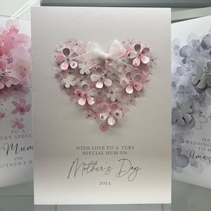 Carte de fête des mères, carte de fête des mères faite main, coeur avec fleurs et pierres précieuses en 3D, carte de fête des mères de luxe, avec amour pour la fête des mères