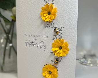 Muttertagskarte, Handgemachte Muttertagskarte, Sonnenblumen Karte, Sonnenblumen & Bienen Karte, 3D Sonnenblume, Spezielle Mama Karte, Bienen Liebhaber Karte, Bienen