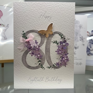 80e verjaardagskaart, tachtigste verjaardagskaart, 80e kaart, Happy 80e kaart, luxe 80e kaart, aandenken 80e, 3D bloemen en vlinders