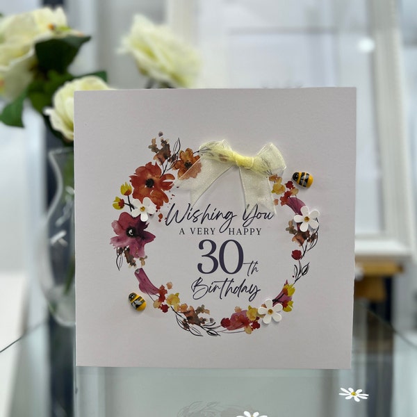 30th Birthday Card, Thirtieth Birthday Card, 30th Card, Happy 30th Card, Luxury 30th Card, Keepsake 30th, 3d Flower & Bee Card, Bee Lover